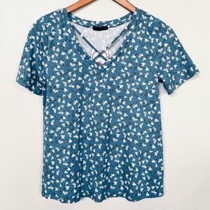 New SHIELA ROSE Floral Cross Strap V-Neck Detail Short Sleeve Top SIZE Small